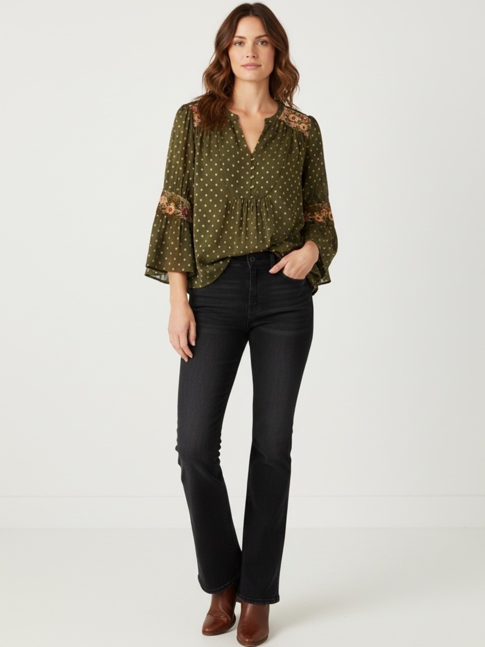 Chico's Olive Gold Eclectic Novelty Dot Jacquard Peasant Top Size M (1)